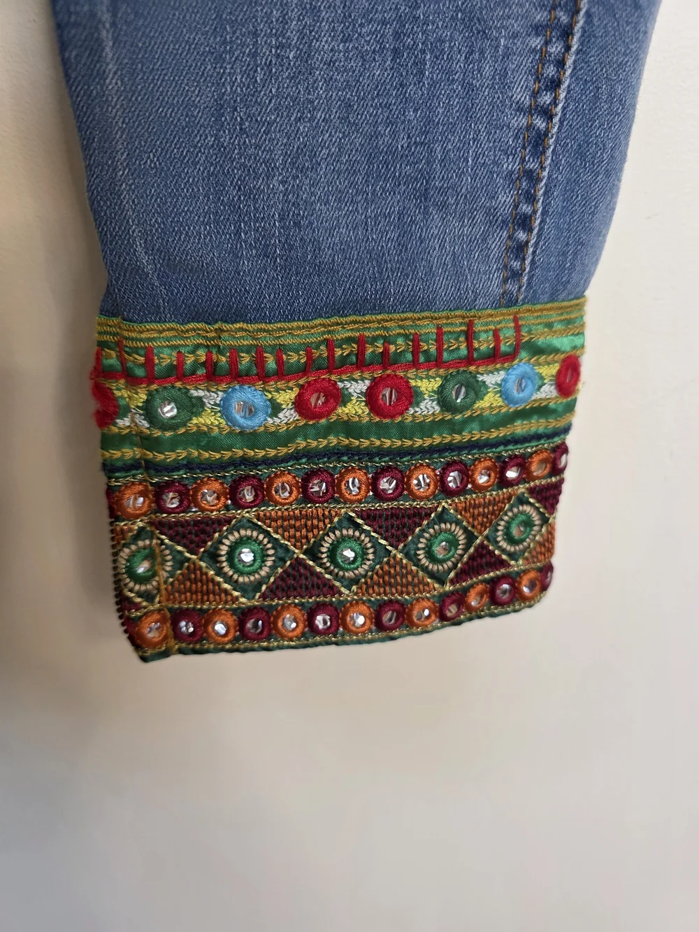 Desigual Light Blue Skinny Jeans with Colorful Embroidered Cuffs